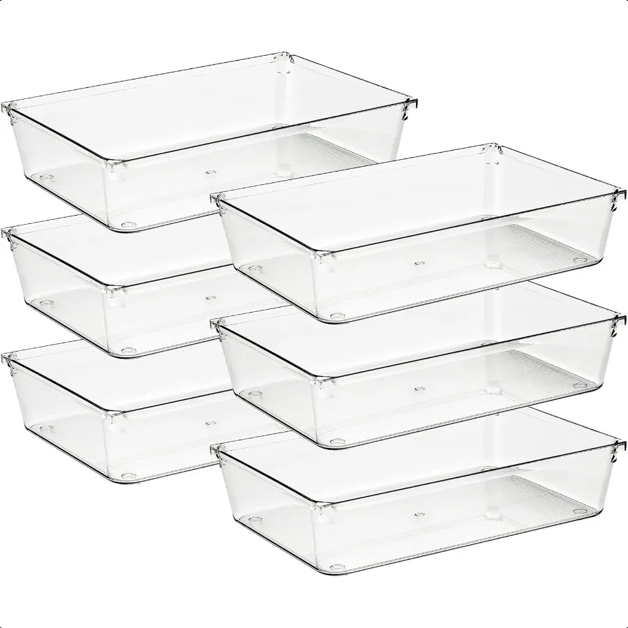 

6 Pack Drawer Organizer 6" X 9" Plastic Storage Bins Acrylic Organizers with NonSlip Pads Clear Desk Storage Tray for Makeup Je