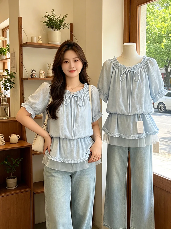 

Large Size Chiffon Shirt Women's Summer New Style Age Reduction Waist Cinching French Style Floral Lace Elegant Top