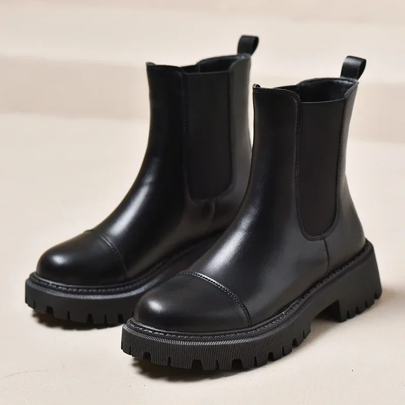 Chelsea Boots damskie platformy nowe wsuwane krótkie buty damskie modne antypoślizgowe jesienne zimowe czarne skórzane damskie botki