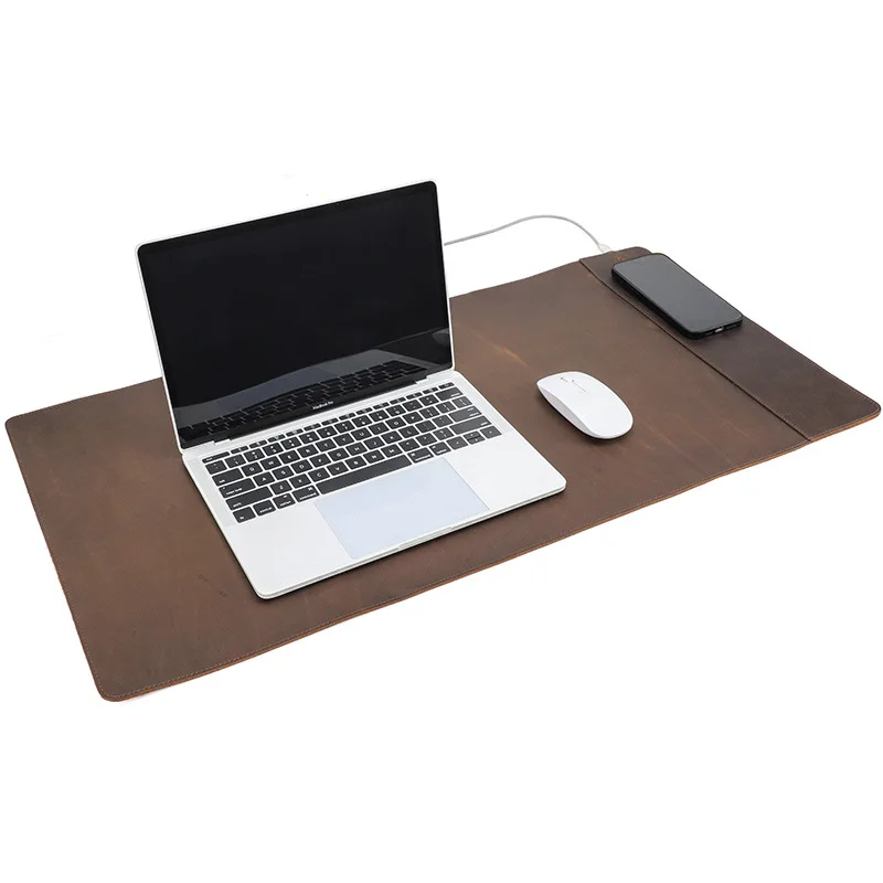 80*40cm hand-made genuine leather cowhide mouse pads with ‌15W wireless charging waterproof keyboards computer desk office mat
