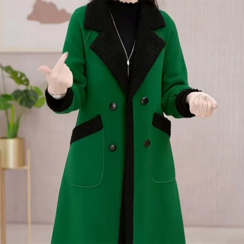 Two Side Wear Velvet Thicke Blend Woolen Coat Women's Long Lamb Wool Coat 2024 Winter New Mid Aged Mom Warm Over Knee Plaid Coat