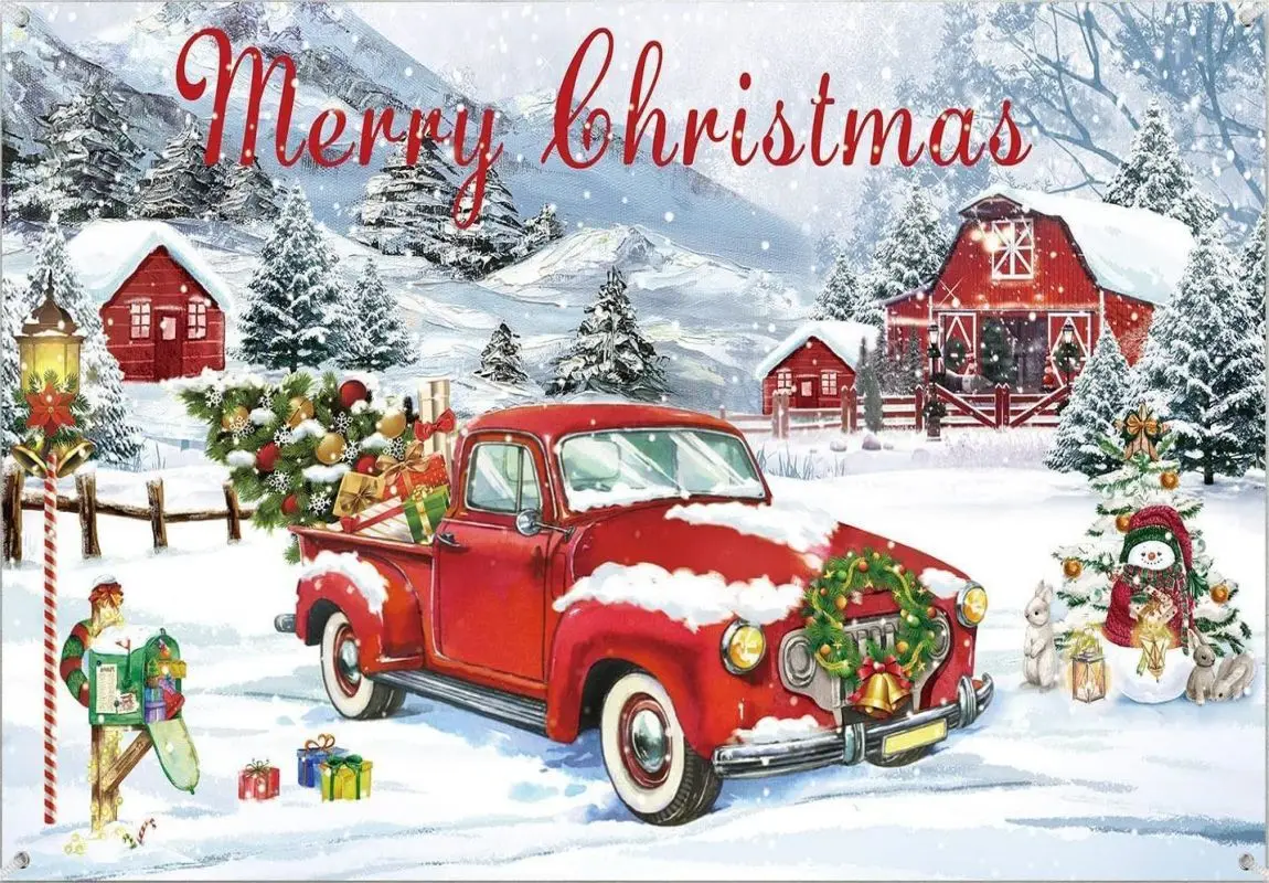 Christmas Xmas Tree Farmhouse Rustic Backdrop Banner Red Car Snowflakes Photo Photography Background Merry Christmas Decorations