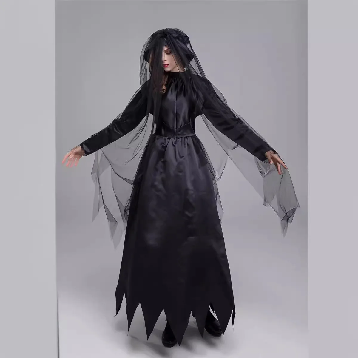 GB10028 Women Halloween Ghost Bride Cosplay Costume Scary Witch Vampire Black Dress