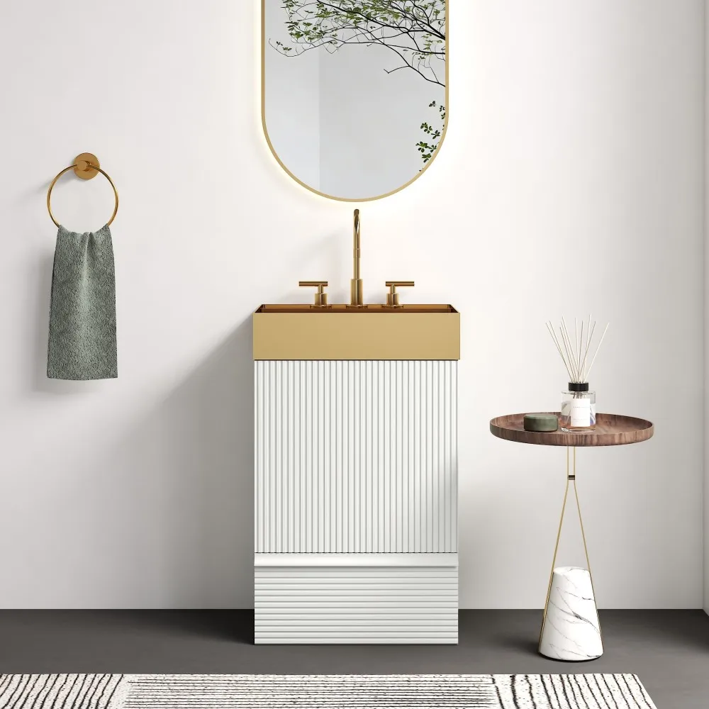 

Gada 20" Striped White Bathroom Vanity with Brushed Gold Basin, Freestanding, No Faucet, KD