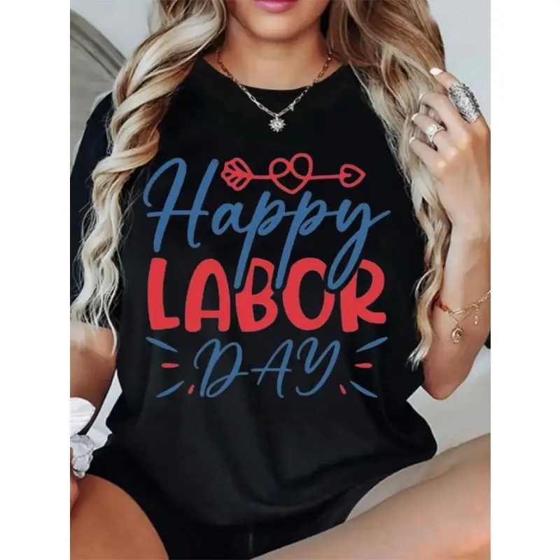 

Happy Labor Day T-Shirt Heart Arrow Print Tee Unisex Cotton Short Sleeve Top US Labor Day Celebration Gift