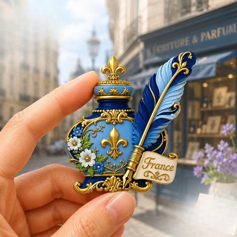 France Iris Quill Inkwell Fridge Magnet - Artistic 3D French Souvenir Unique European Gift for Travel & Vintage Study Decor