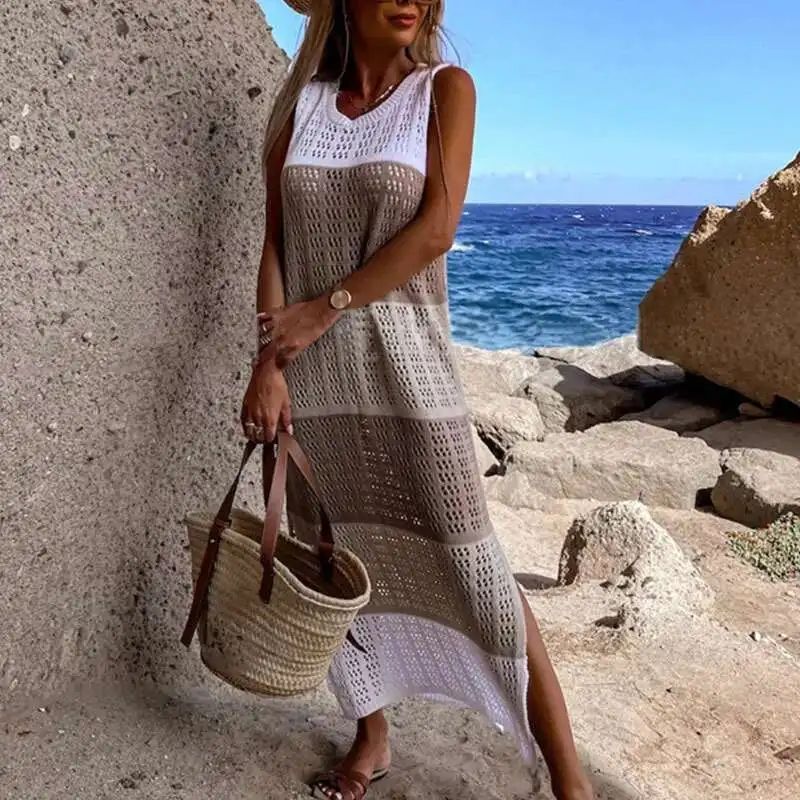 เลดี้สบายๆ O คอ Hollow สีบล็อกถัก Elegant ด้านข้างแยกชุดยาวหลวมเซ็กซี่เสื้อกั๊ก Beach Cover Up Dresses