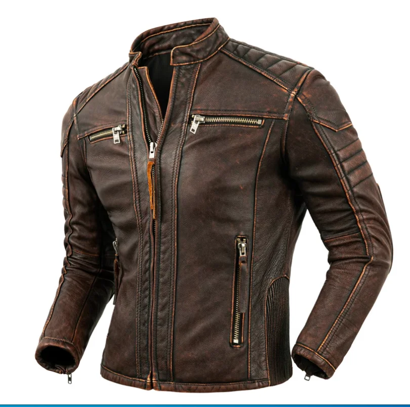 

Autumn and winter top layer cowhide men's jacket, retro stone mill made old leather jacket