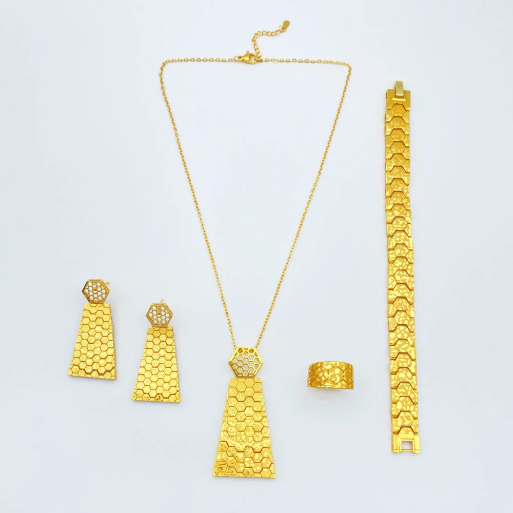 

JRH Gold Plated Copper Luxury Jewelry Set Women's Sparkling Design Bracelet Ring Necklace Earrings Fashion Accessory for Party