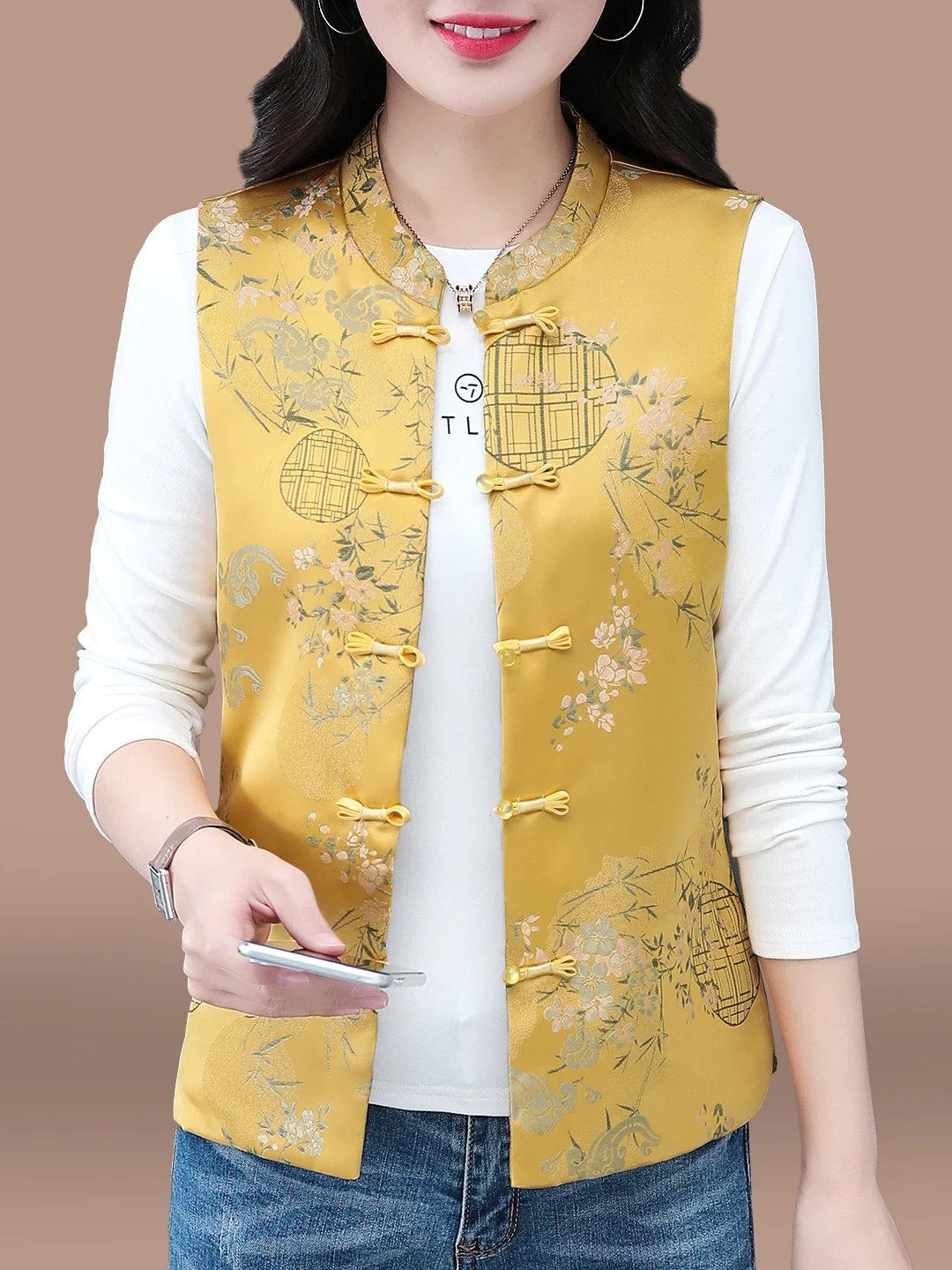 

Желтый весенне-осенний женский жилет, новинка 202, Sle для мам среднего возраста, китайская верхняя одежда среднего размера, майка