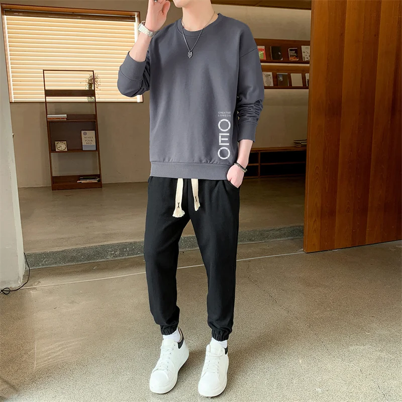 

2pcs Set New Tracksuit Couple Men Round Neck Long Sleeve Sweatshirt Fashion Sweatpants Autumn Sports Pullover T-shirt Pant Suit
