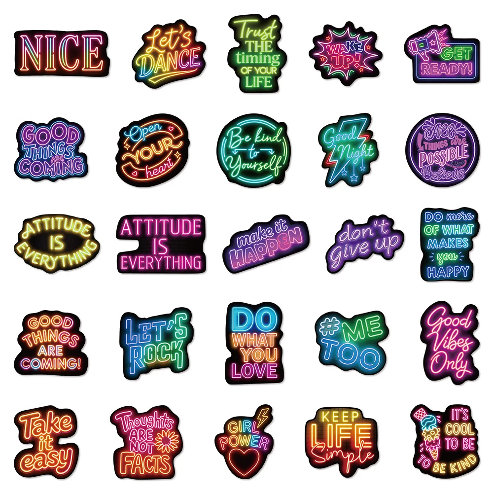 10/30/50pcs Colorful Neon Inspirational English Quotes Stickers DIY Laptop Phone Case Water Bottle Funny Cartoon Creative Decals