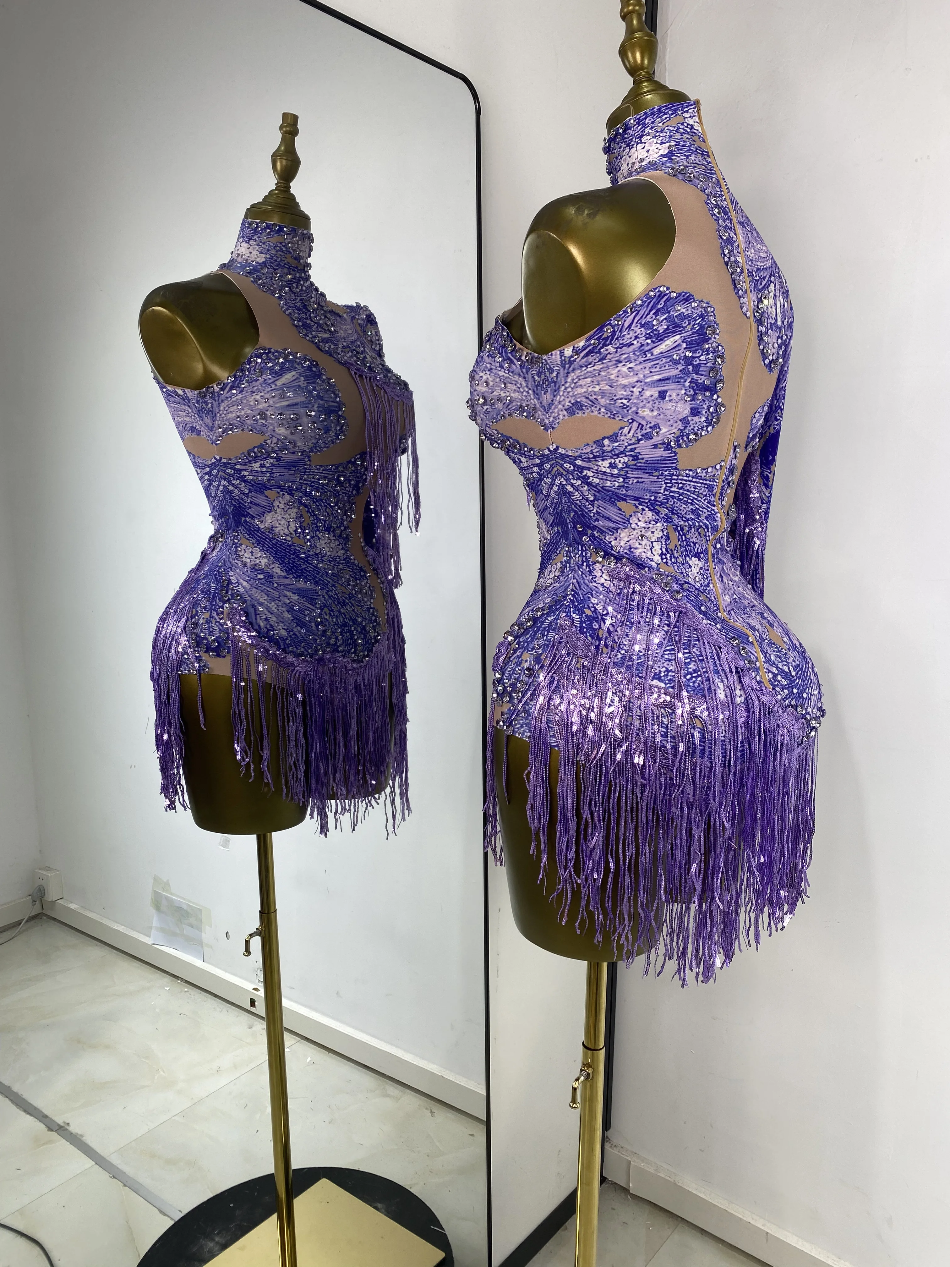 فستان رقص رياضي سباركلي كم فردي مرصع بأحجار الراين ترتر شرابة مطاطية من الألياف اللدنة فستان قاعة الرقص المنافسة يوتار #3