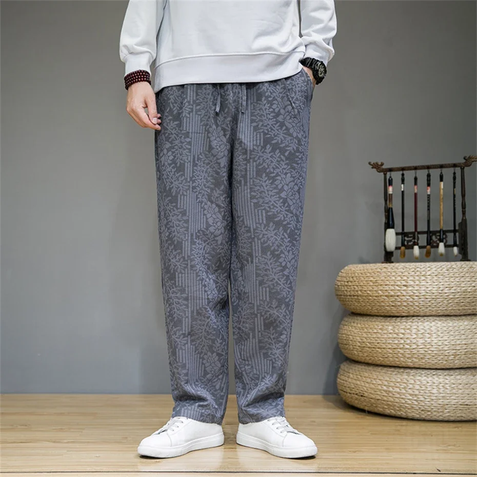 

Baggy Harem Casual Pants Mans Spring Autumn Hip Hop Joggers Flower Print Solid Color Pant Wide Leg Cotton Linen Pants