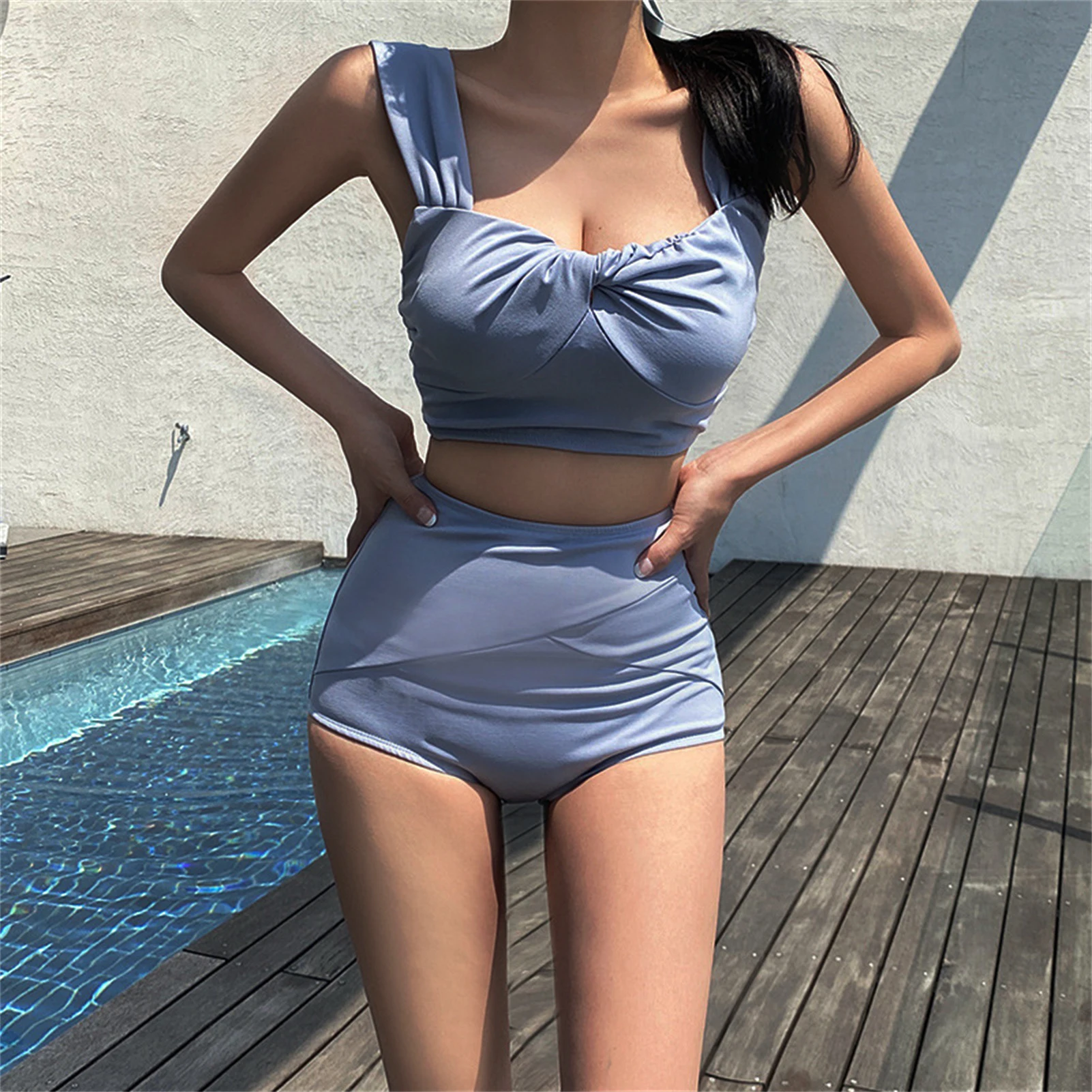 Bikini Set Women Summer Swimwear 2pcs Spaghetti Strap Pleated Sexy Backless Korean Style Ins Ladies Beachwear Chic High Waist