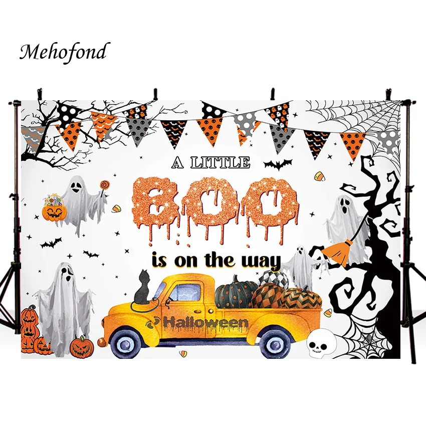 Mehofond Halloween Themed Backdrop A Little Boo Is on The Way Baby Shower Pumpkin Car Birthday Festival Photography Background