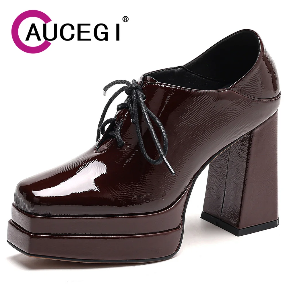Aucegi Classic Spring Autumn Elegant Party Thick High Heels Fashion New Genuine Leather Square Toe Women Lace Up Office Shoes