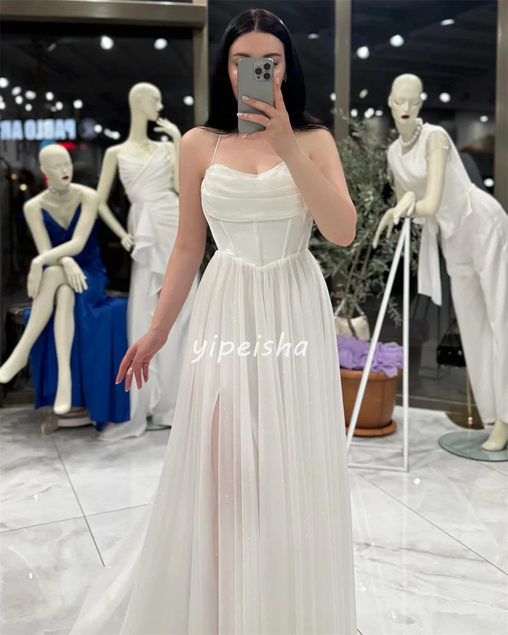 Vestidos largos personalizados de alta calidad, moda de gasa con lentejuelas y plisado, corte en A, cuello Halter, vestidos para ocasiones a medida, elegantes a juego