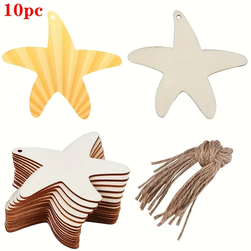 10PCS Unfinished Wooden Starfish Cutouts for Kids Crafts DIY Paint Your Own Wood Shapes Bulk Ocean Themed Ornaments Beach