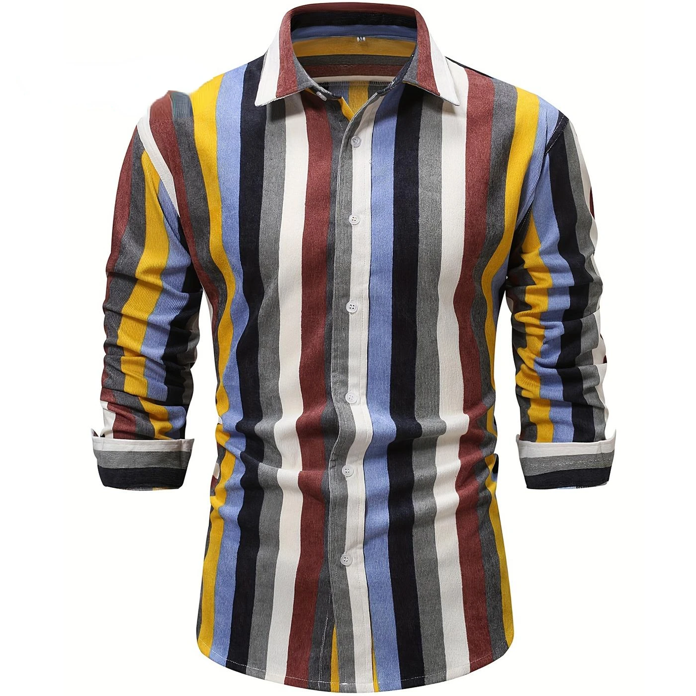 Cozy Up Colorful Stripe Print Men's Casual Button Up Long Sleeve Shirt, Men Thick Shirt for Spring Summer Autumn Tops for Men