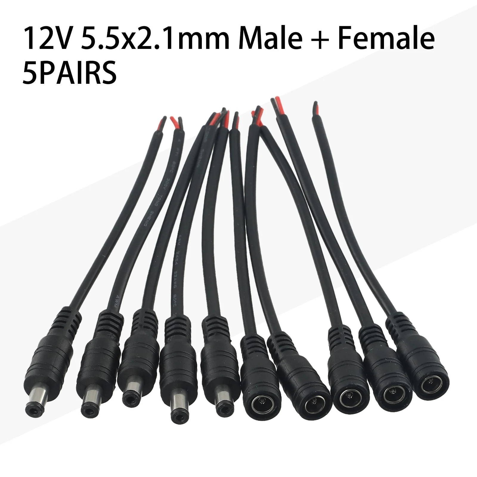 5 Pairs of DC Power Cables with LED Male and Female Connector 1 Pin 55*21 for Connection of CCTV Camera and LED Light Belt