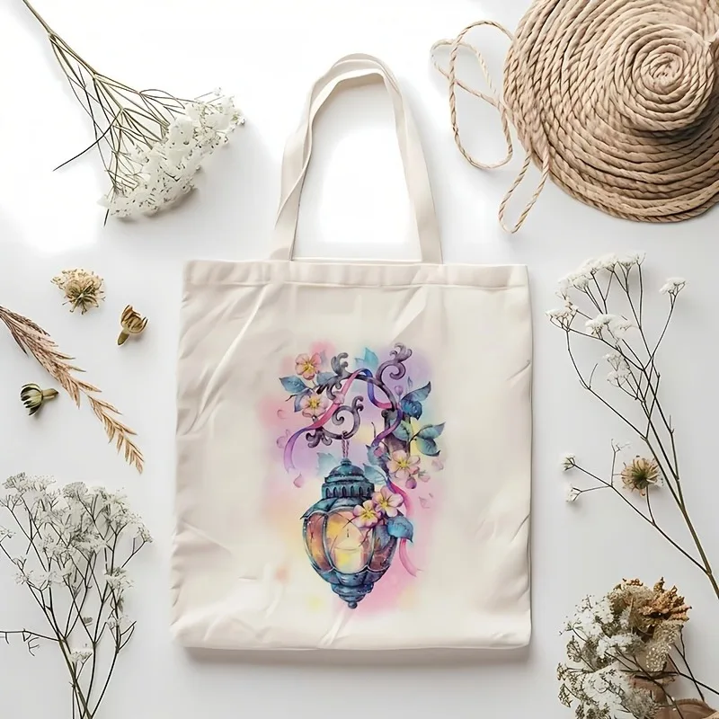 Vintage Stack Books Pink Floral Canvas Tote Bag Women Book Lover Reusable Shopping Shoulder Bag Reading Casual Handbag