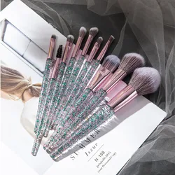 10PCS Makeup Brush Scallion Powder Crystal Handle Makeup Brush 10 Pcs with Sequins Face Eye Fiber Hair Brush Color Beauty Tools