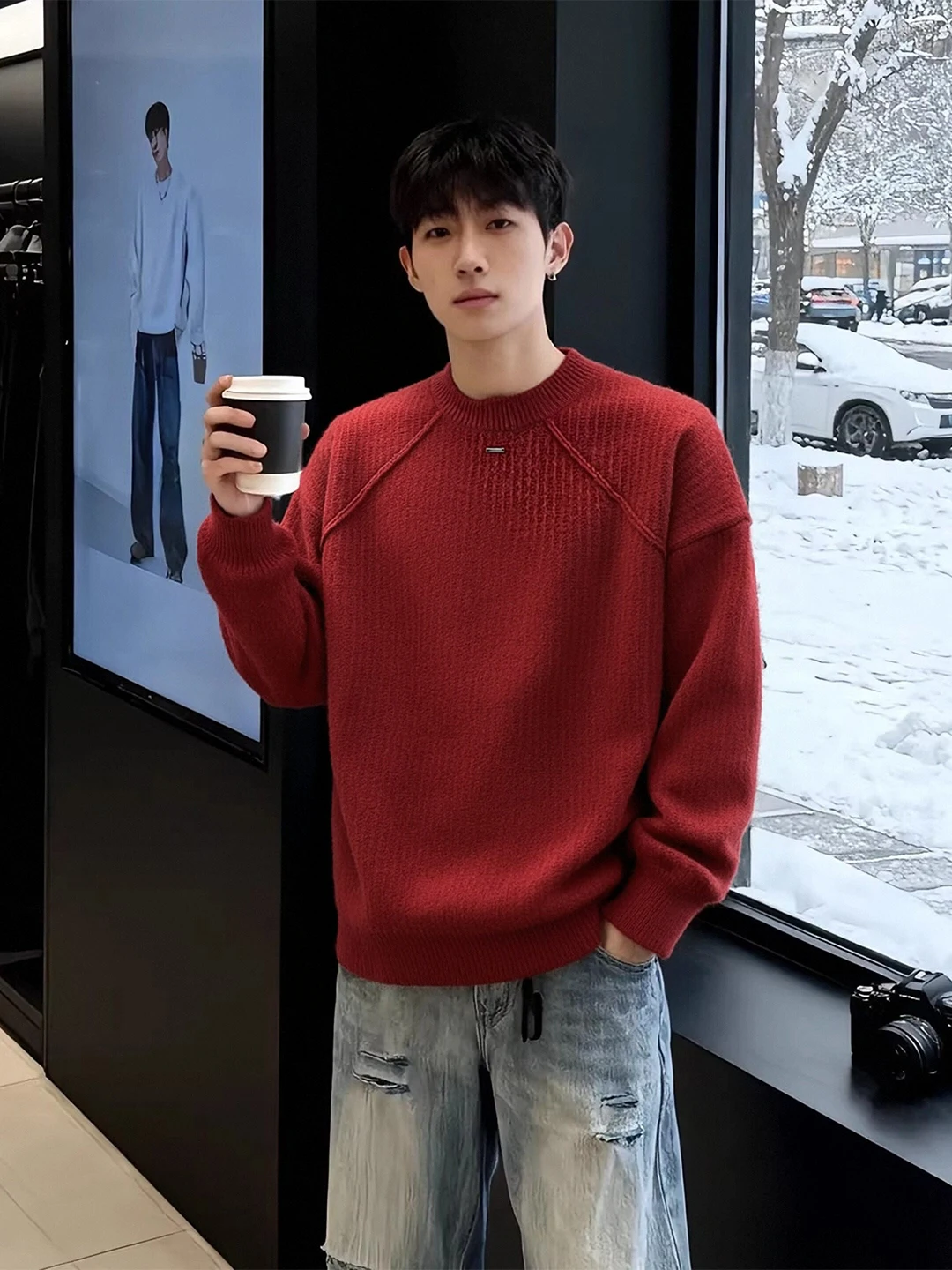 

Мужской утепленный свитер Luy Year с круглым вырезом, красный, для повседневной носки, комфортный, с длинным рукавом, для зимы