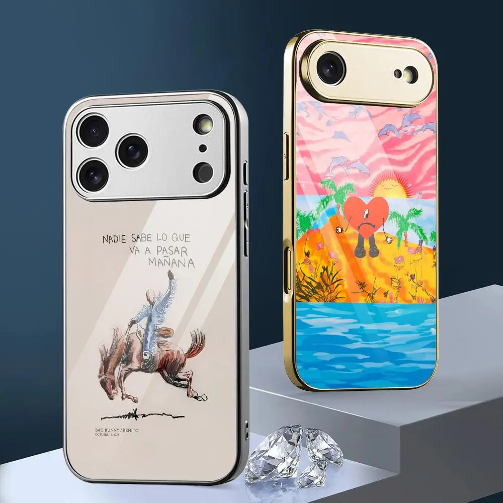 Rock Music Bad B-Bunny Phone Case For IPhone 17 16 15 14 13 12 Pro Max Plus Electroplated Metal Bumper Shockproof Case