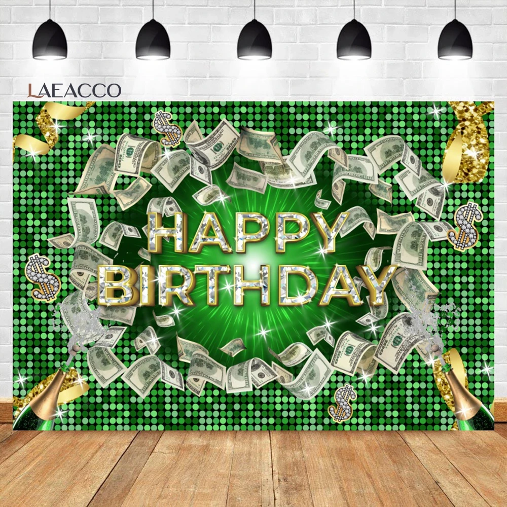 

Laeacco Money Dollar Bill Green Backdrop Diamond Money Bag Gold Hip Hop Boy Girl Cash Bash Birthday Party Photography Background