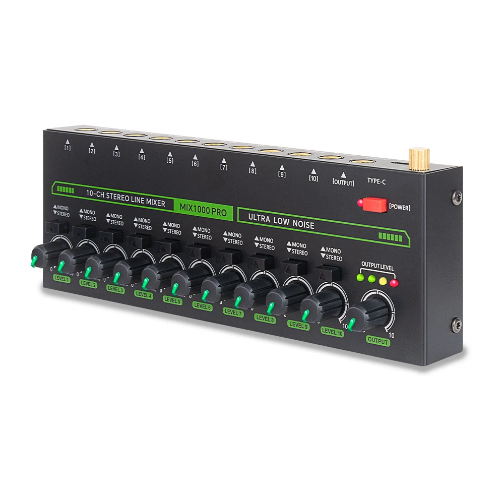 10-Kanal-Soundmixer, USB, 5 V, Strom, Stereo, geräuscharme LED-Soundmixer für Mikrofone, Gitarren, Bass, Tastaturen