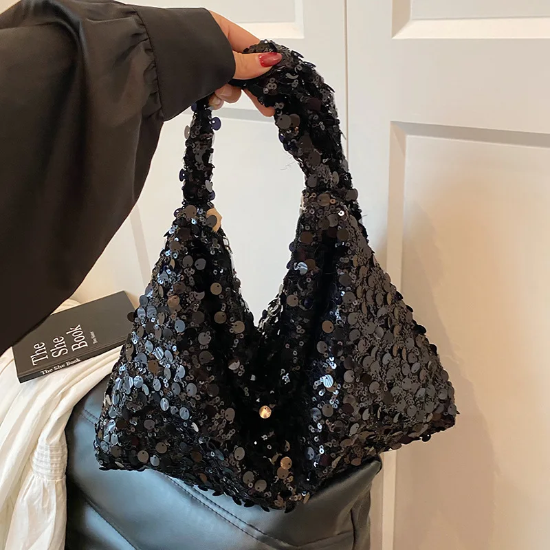 

2025 new European and American fashion sequined shoulder bag versatile large capacity messenger bucket bag tide
