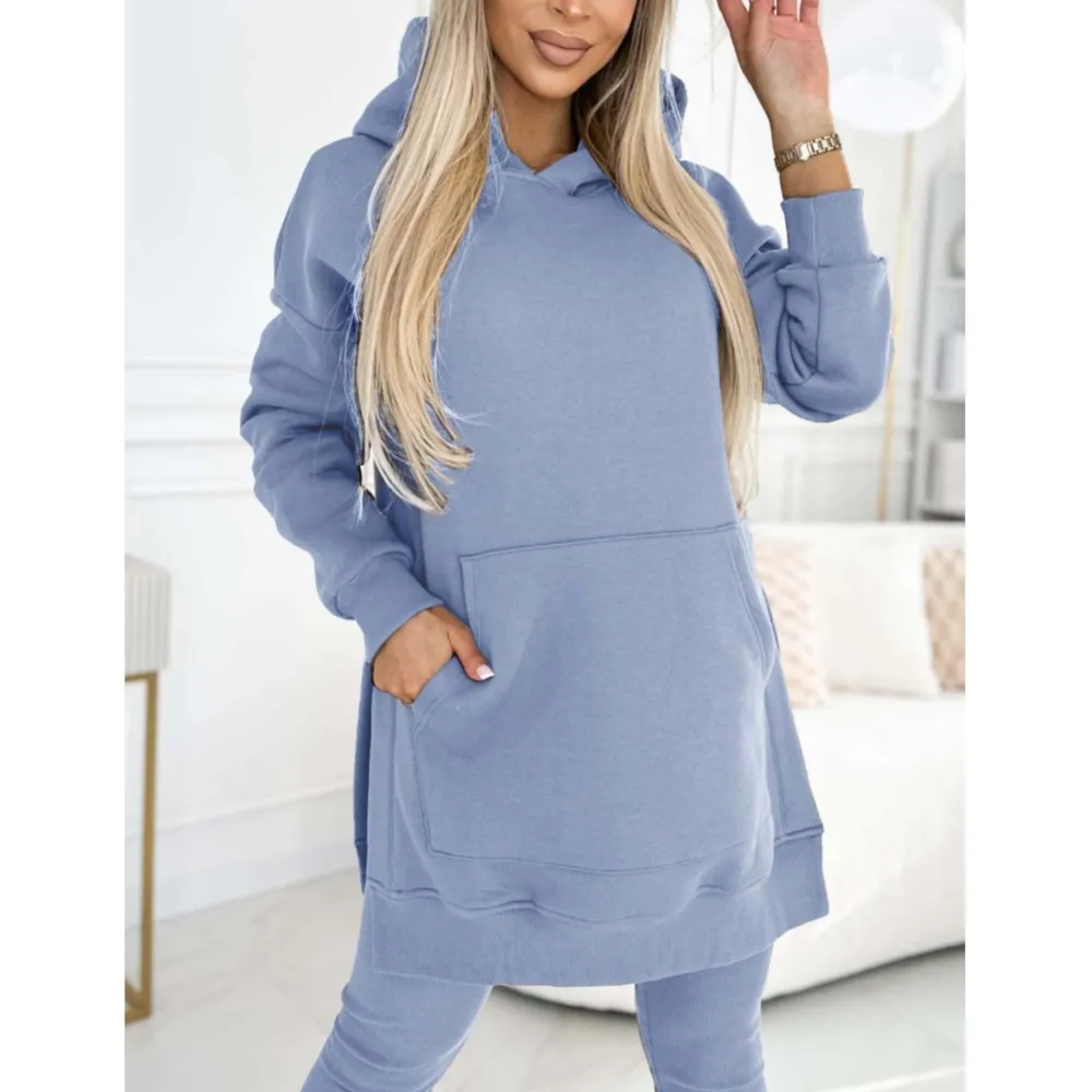 Jesień Zima Nowa Casualowa Bluza Damska Jednokolorowy Garnitur Prosty Modny Kieszeń Gruba Nici Casual Legginsy Damskie 2-częściowy Zestaw