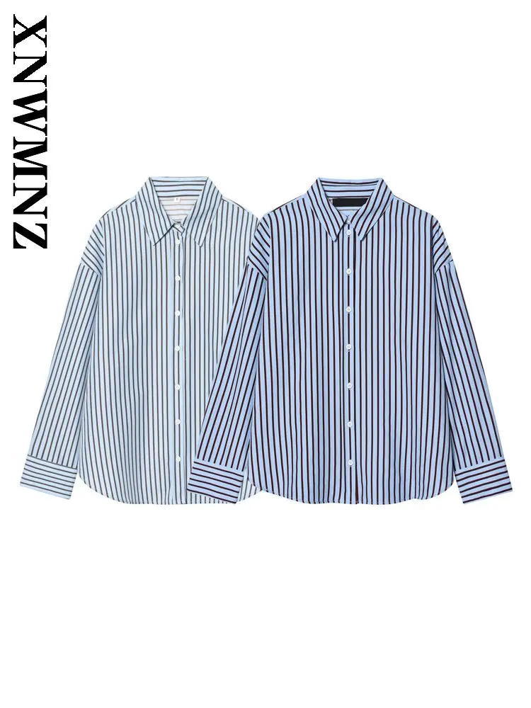 

XNWMNZ 2026 Summer Lady Casual Versatile Long Sleeve Print Top Commuting Vintage Woman Turn-down Collar Simple Striped Shirt