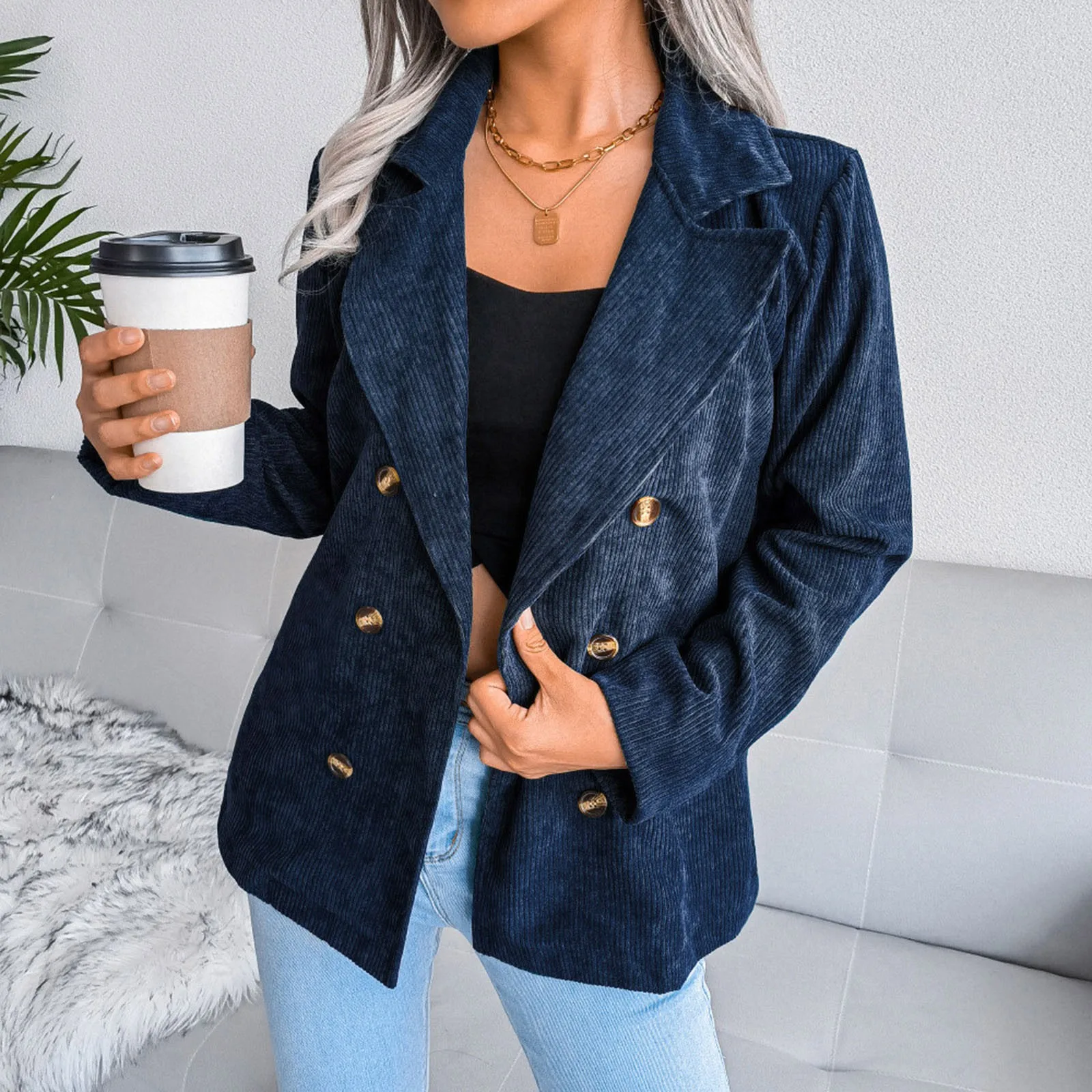 Retro Corduroy Blazer For Women Elegant Double Breasted Jackets Notched Collar Autumn Winter Coat Outerwears Blazer Mujer