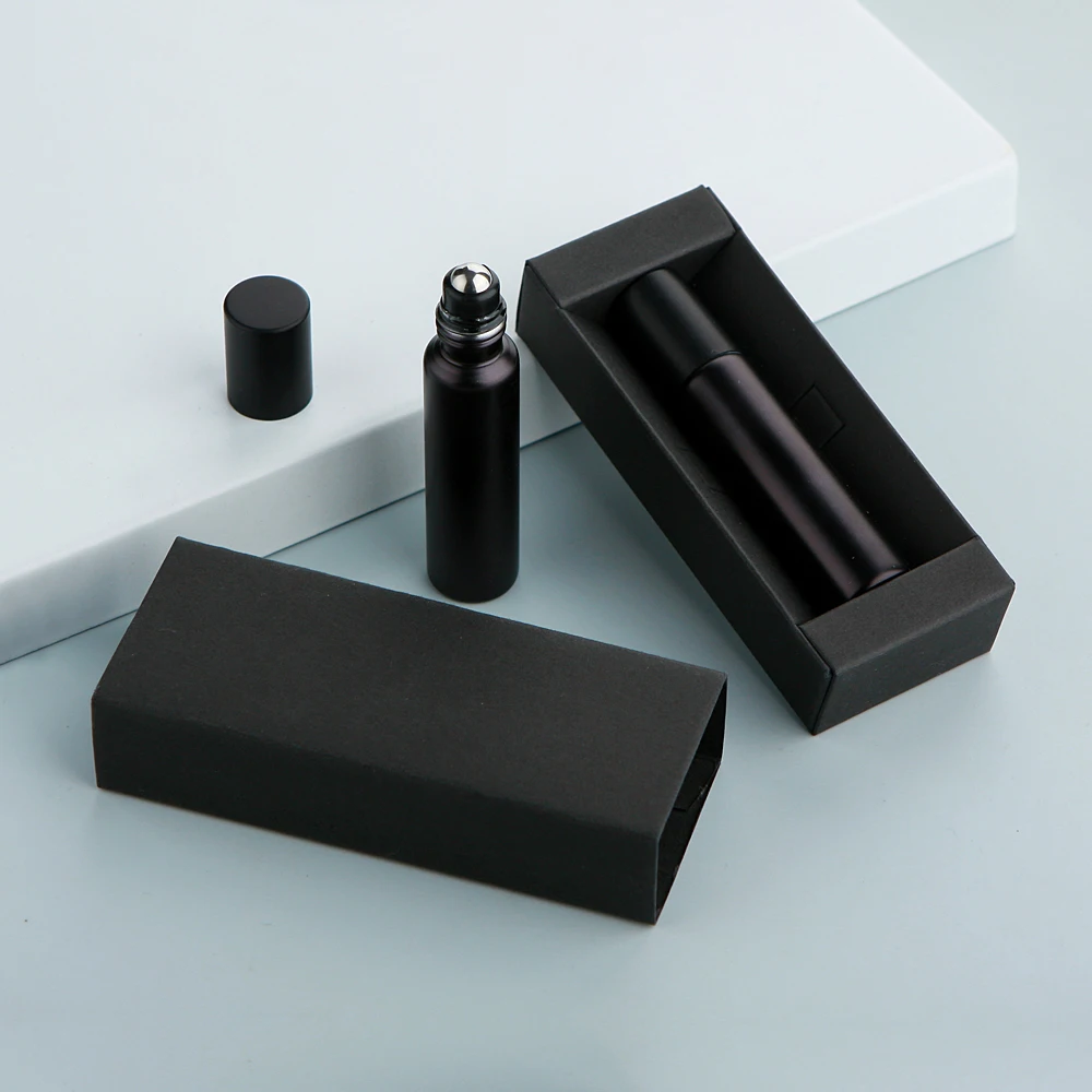 50 Teile/los 5 ml 10 ml Matt Schwarz Ätherisches Öl Flasche Mit Box Rolle Auf Parfüm Flasche Kosmetik Behälter Druck LOGO zahlen Extra – Detail 8