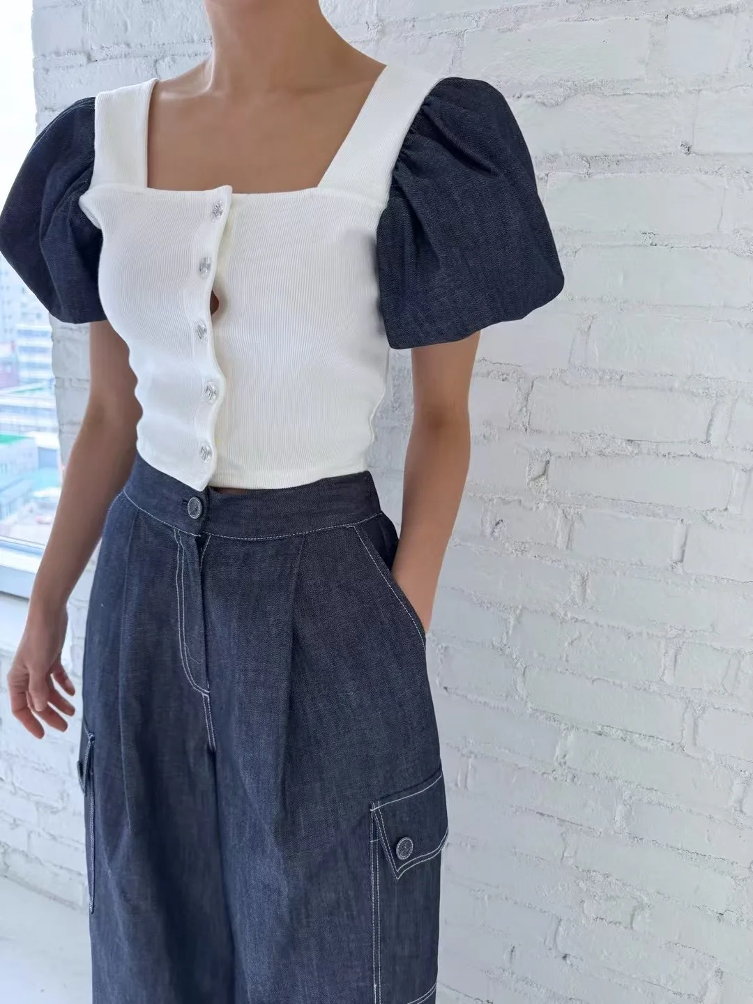 

Sweet Color Blo Bubble Sve Square Collar Knitted Top Women Summer Slim Fit Slimming Denim ort Sve Splicing Top