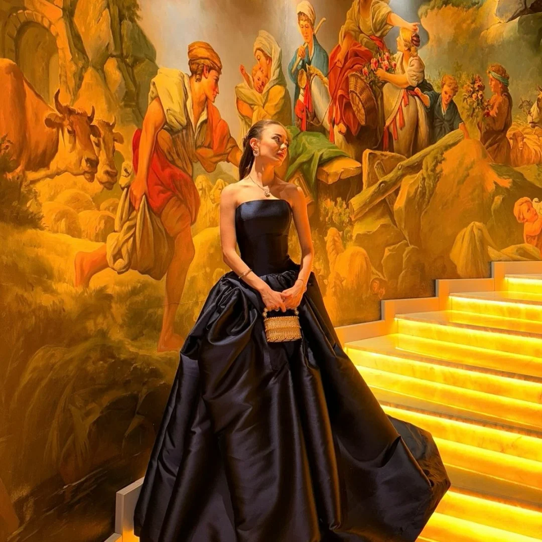 Amanda Black Strapless Satin Puffy Skirt Customized Prom Dress Luxurious Long Gown vestidos de noche Elegant Formal Evening