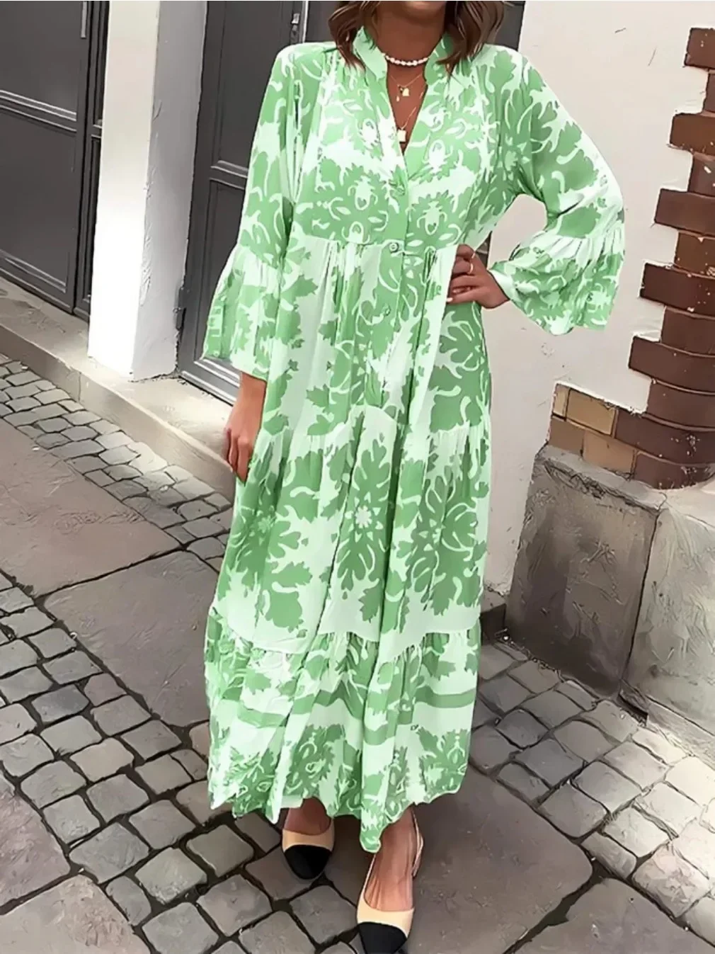New Women's Fashionable Stand Up Collar Floral Print Flared Sleeves Long Dress Ladies Multi-color Printed Women's Casual Dress