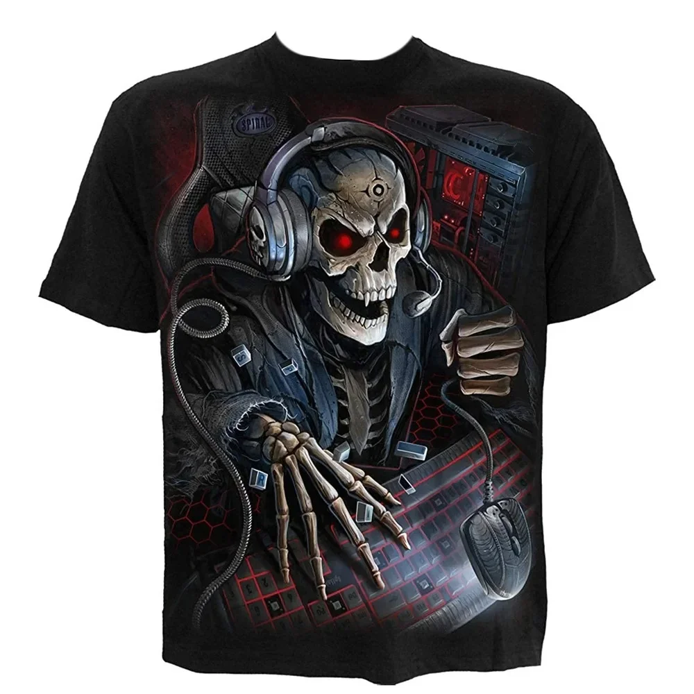 

Hot selling European and American men's skull print polyester breathable round neck T-shirt, summer outdoor street style top