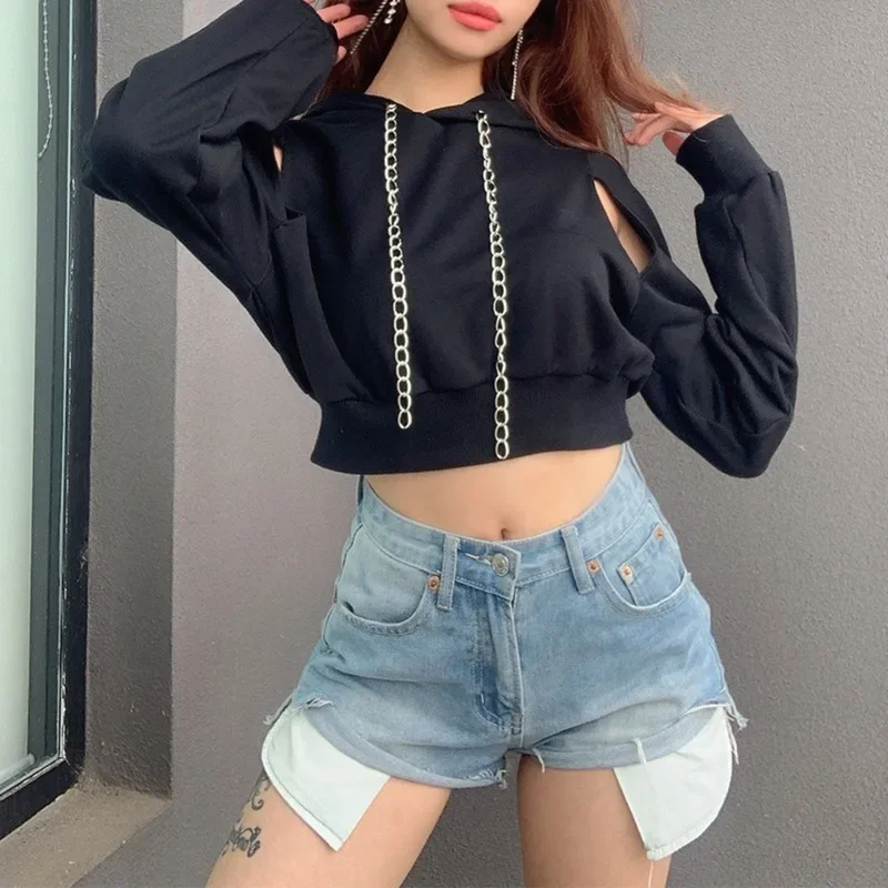 

Sexy Hoodie Fashion Women Autumn Spring Long Sleeve Cut Out Chain 2022 Hoodie Short Sweatshirt Hollow Crop Top Women's Clothing