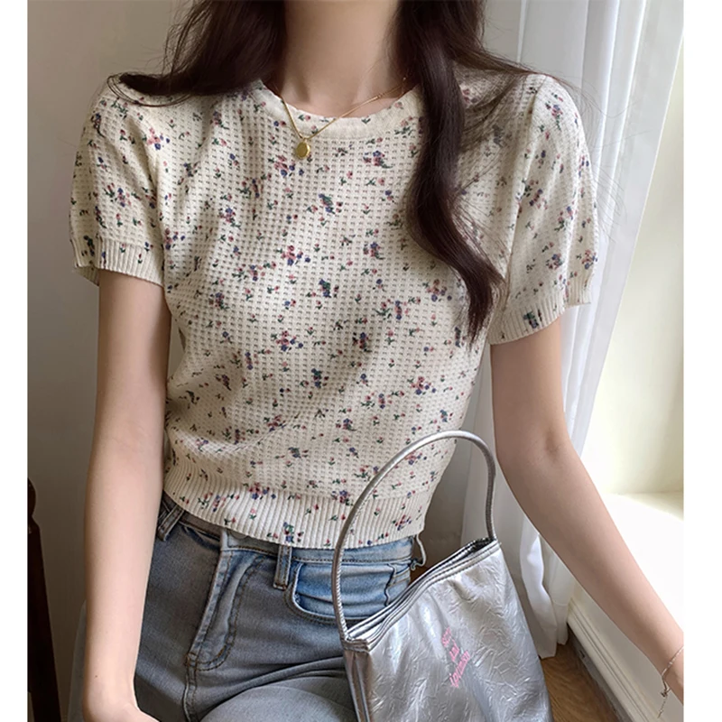 Preppy Style O-Neck Short Sleeve Slim-Fit Cropped Top Printed Floral Waffle T-Shirts Women 2024 New Short Tees Shirts Female