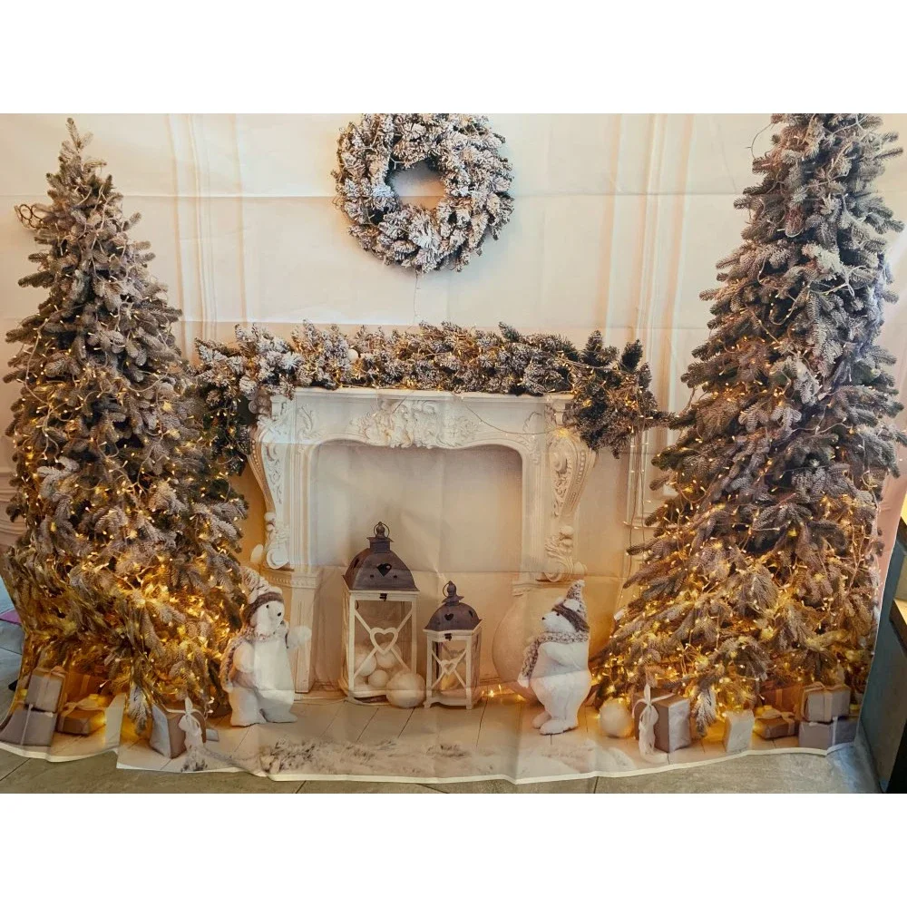 Winter Christmas Tree Fireplace Photography Background Wreath Gift Decoration Backdrops for Photo Studio Backdrop Photocall image 3