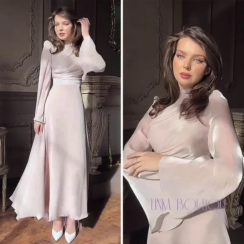 Elegant Half High Collar Muslim Dress Slim Abayas for Women Maxi Dress Abayas Dubai Casual Long Sleeve Women Wedding Dress