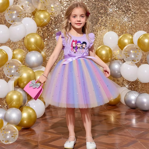 Vestido KPop Demon Hunters para niñas, moda para niños pequeños, tul arcoíris, dulce vestido de princesa para niñas, regalo de fiesta de cumpleaños de 1 a 5 años