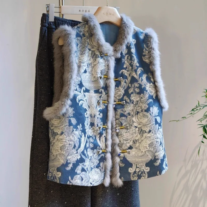 

Top Women's Designer Vest Chinese-style Undershirt Outerwear Button-fastening Fur Collar New Comfortable Casual Niche Versatile