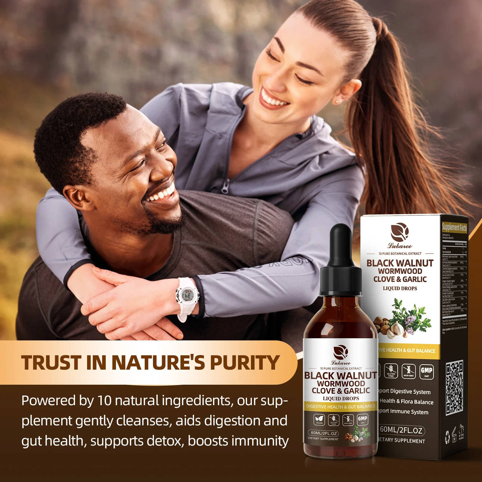 Lukaree 60ML Black Walnut  Drop with Wormwood Clove & Garlic Support Digestion and Immune Health, Detoxify the Body Antioxidant