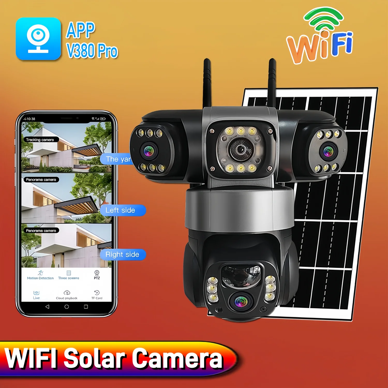 

WiFi IP Solar Camera with Battery 15MP Three Lens Three Screen Monitor Night Vision Security Protection PTZ Video Surveillance