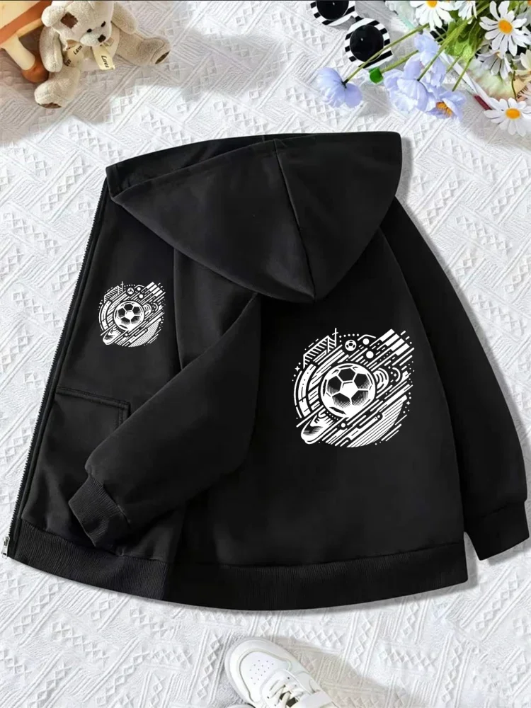 Street Style Black Zip Hoodie For Children Trendy Geometric Soccer Planet Design Long Sleeve Lightweight Casual Coat