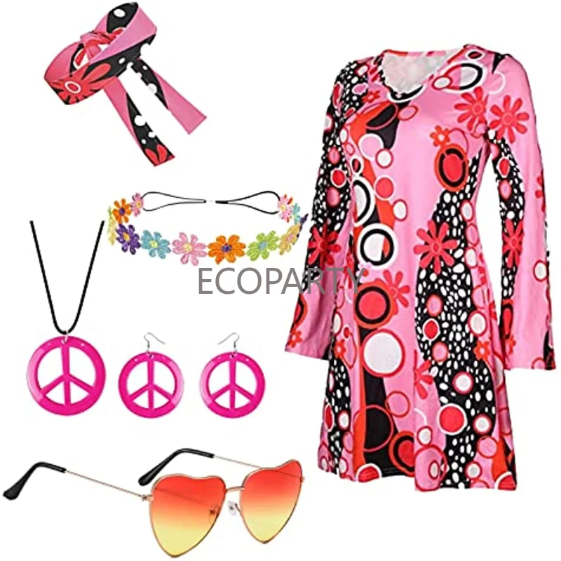 

Hippie Costume Women's Set for Carnival 70s Clothing Accessories Women's Dress 60s 70s Women's Disco Fancy Dress Costumes